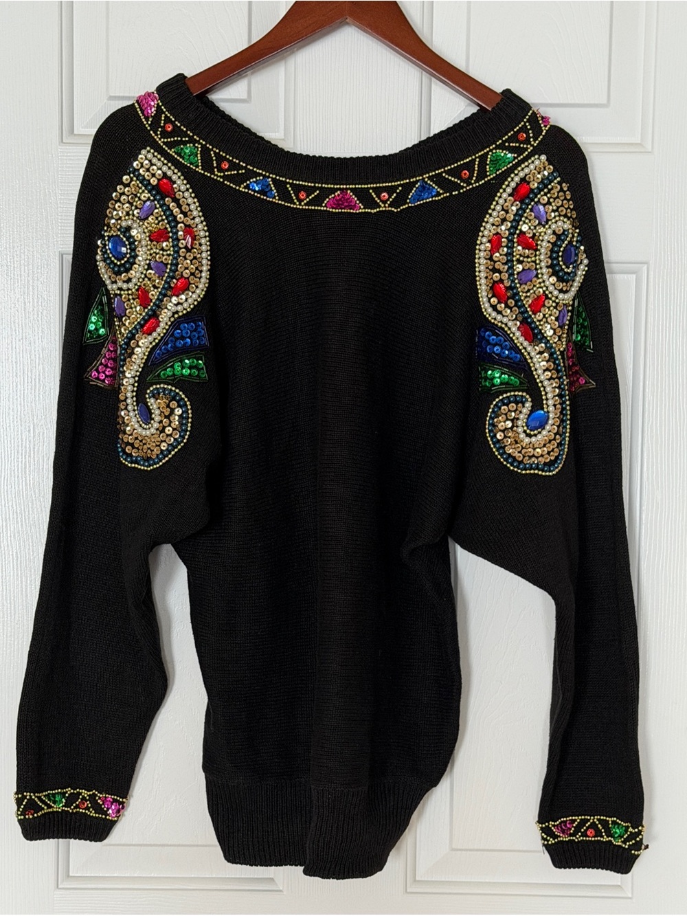 Vintage CristiNa Black Beaded Sequin Sweater Dolman Sleeve Glam Top Size M